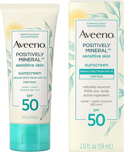 Aveeno 艾惟诺positively Mineral 敏感肌肤日常防晒乳液 适用于面部 广谱spf 50 含氧化锌 轻薄 不致粉刺 纯净面部防晒霜 旅行装 2 液体盎司 59毫升 亚马逊中国 个护健康