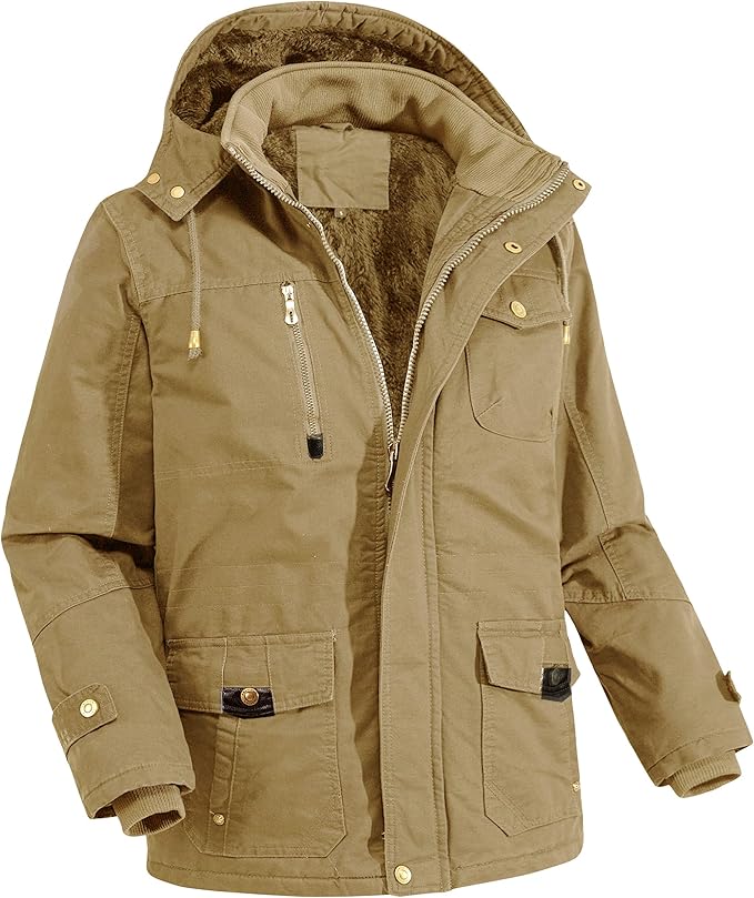 lepoar 男式棉质多口袋立领帆布工作外套风衣*加厚可拆卸连帽夹克