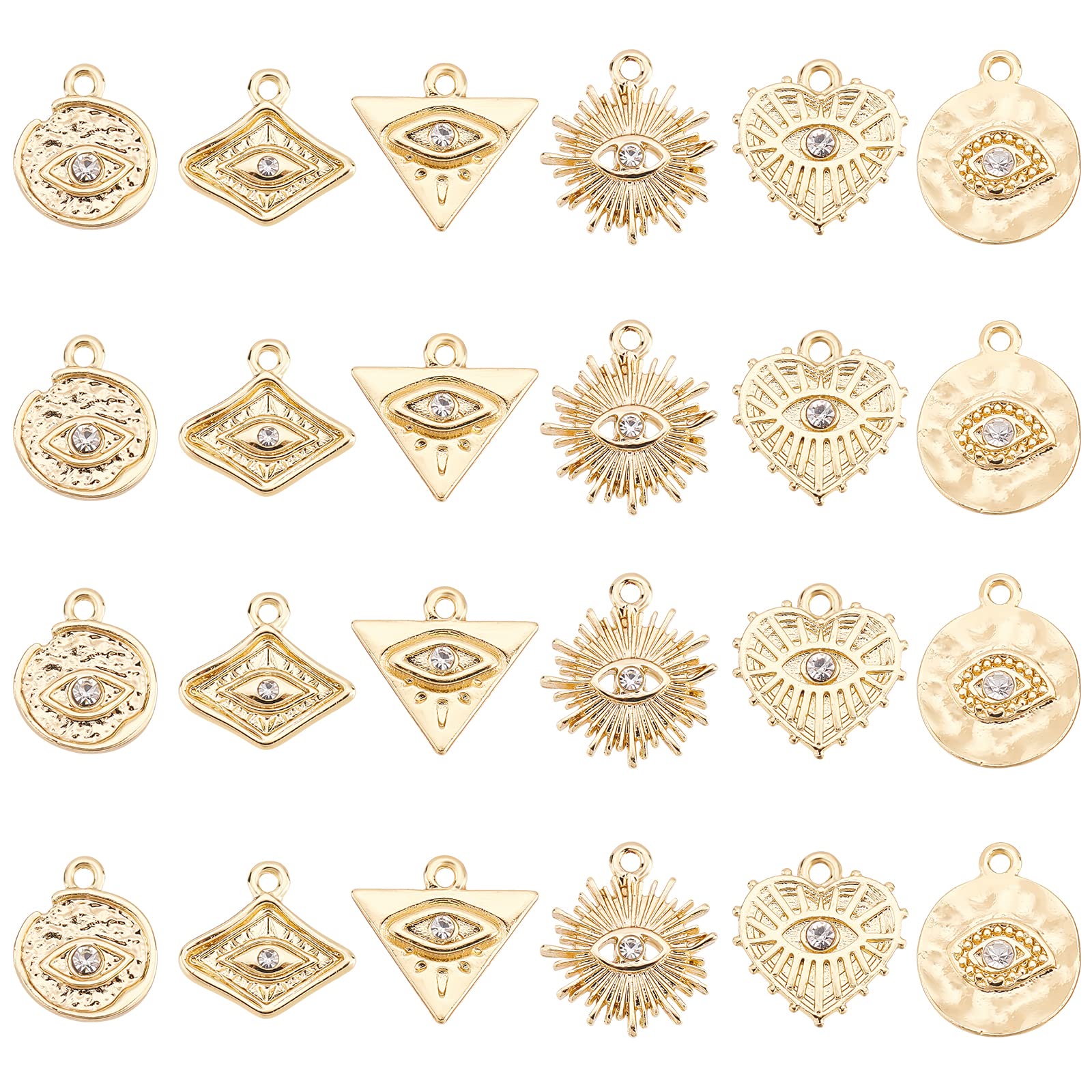 BENECREAT 24 pieces 6 styles 18 carat gold plated Evil Eye Lace Crystal Rhinestones, alloy eye pendants for DIY bracelet necklace jewelry, aperture: 1.5mm