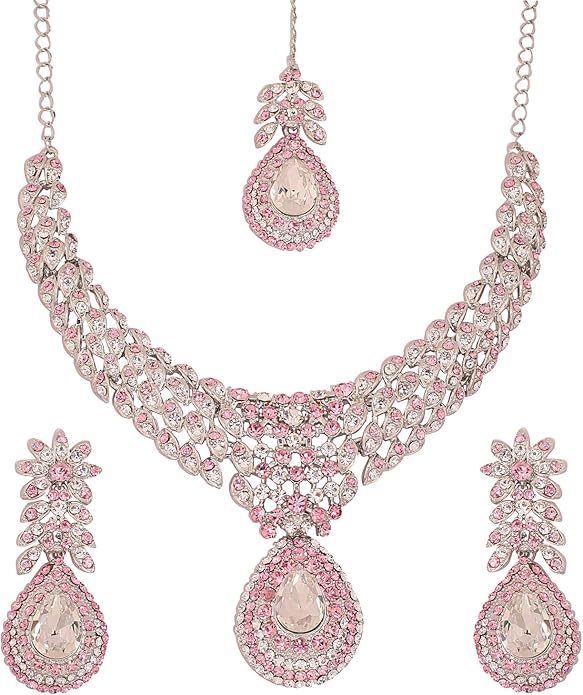 印度宝莱坞华丽复杂工艺闪亮白色彩色水钻水晶婚礼设计师珠宝项链套装