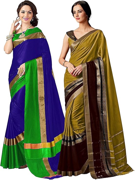 elina 时尚两件装纱丽服,适合印度女性棉质艺术丝绸印花编织边纱丽