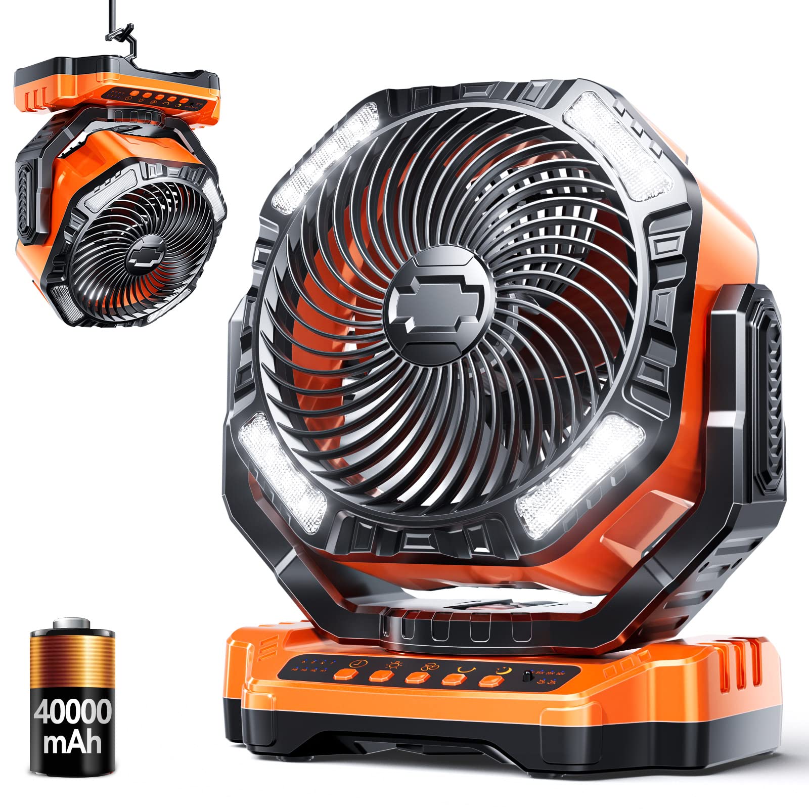 Camping LED fan with light,4000mAh rechargeable battery powered outdoor tent fan with light and remote control,4 speed, personal USB desktop fan, suitable for camping, fishing, power outage, hurricane