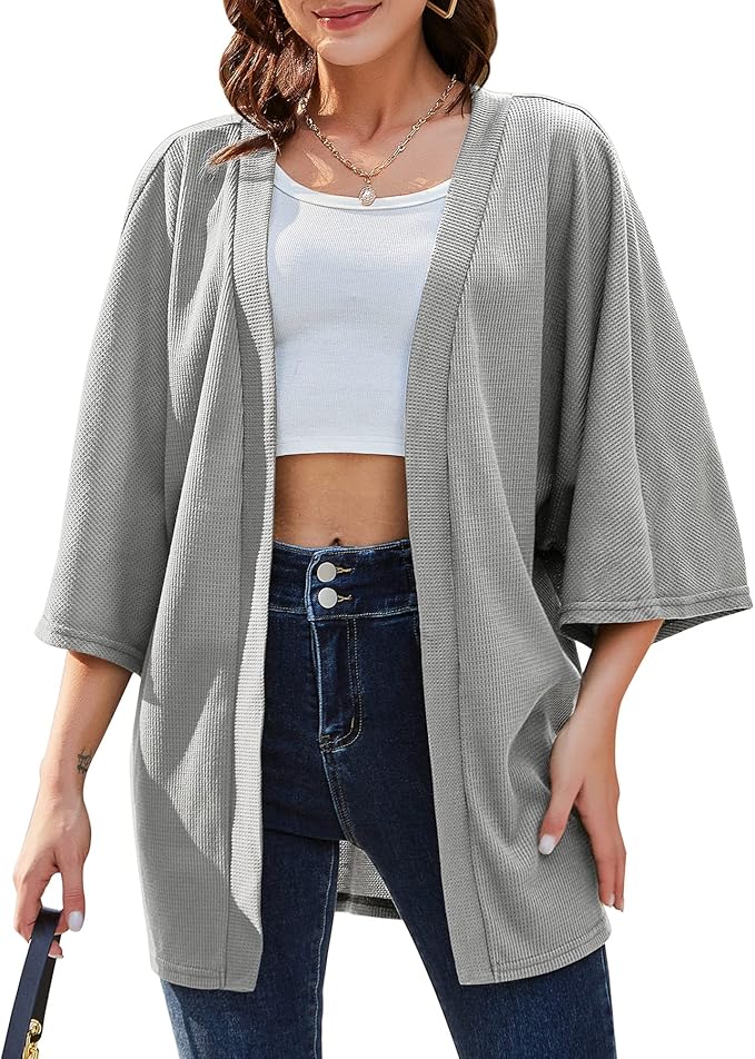liofoer 女式和服开衫针织华夫格开衫宽七分袖上衣