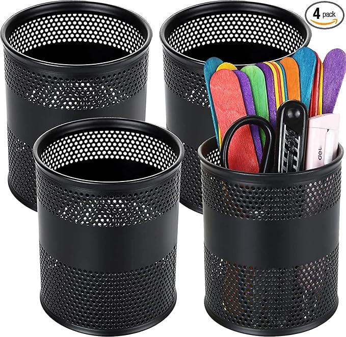 GOYADA 4 件笔盆适用于书桌,黑色圆筒网眼笔罐,防锈金属笔筒,适用于教室