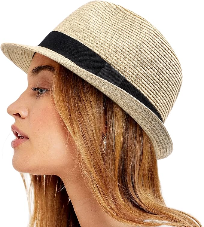 女式草帽短帽檐巴拿马软呢帽沙滩太阳 trilby 帽子适合度假绅士卷起来