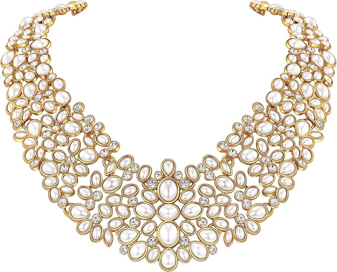 famarine 珍珠银婚礼项链,水晶水钻围兜宣言项链,适合女士新娘伴娘