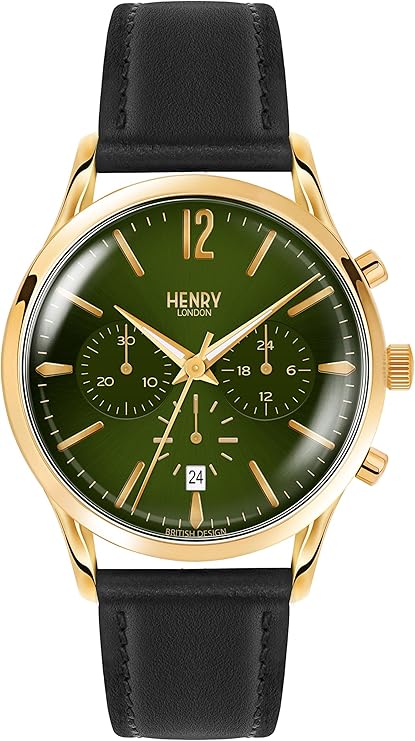 henry london 中性款chiswick 石英手表绿色表盘计时器显示和绿色皮革