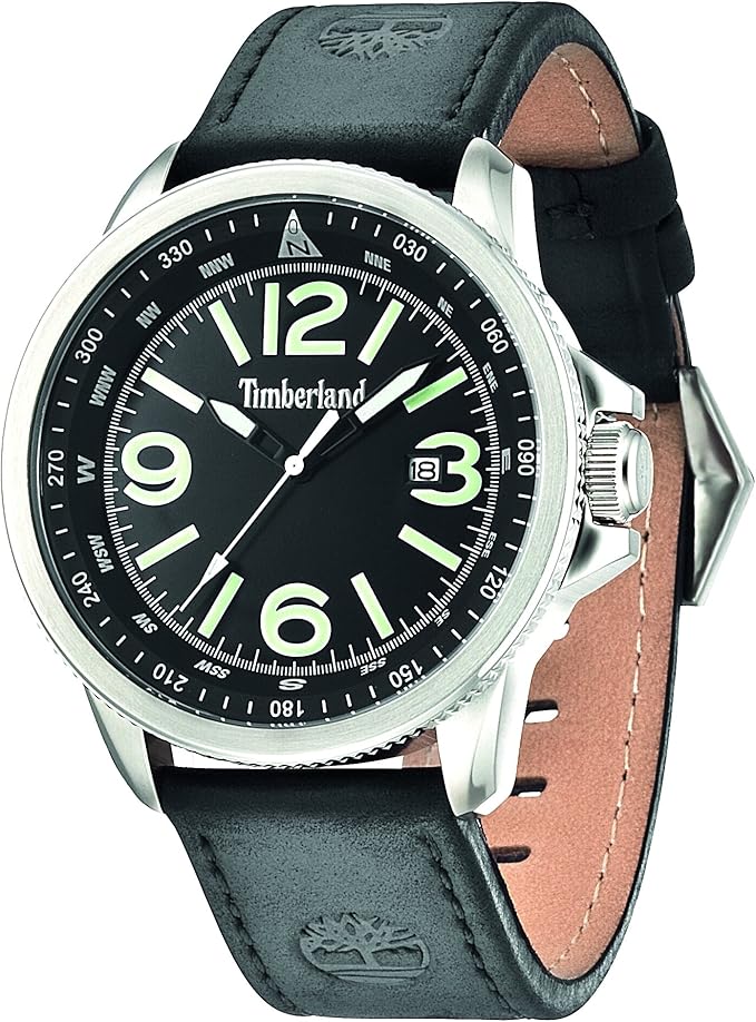 timberland添柏岚男式石英手表黑色表盘模拟显示黑色皮革表带14247js