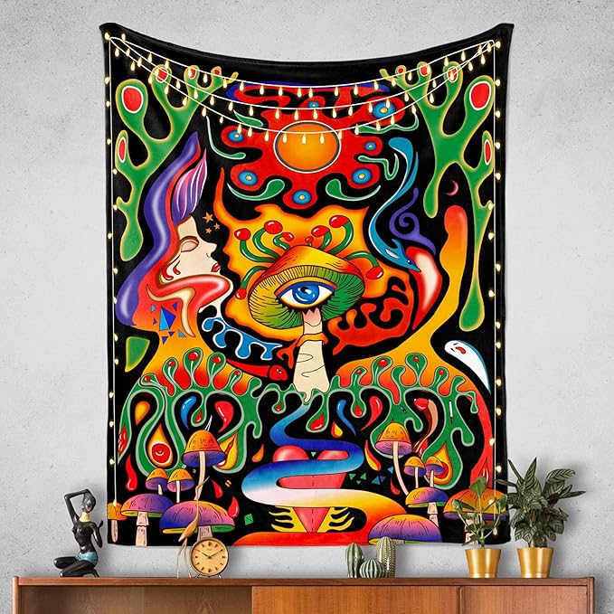 迷幻嬉皮垂直彩色挂毯波西米亚嬉皮斯挂毯,适用于卧室客厅宿舍(黑灯