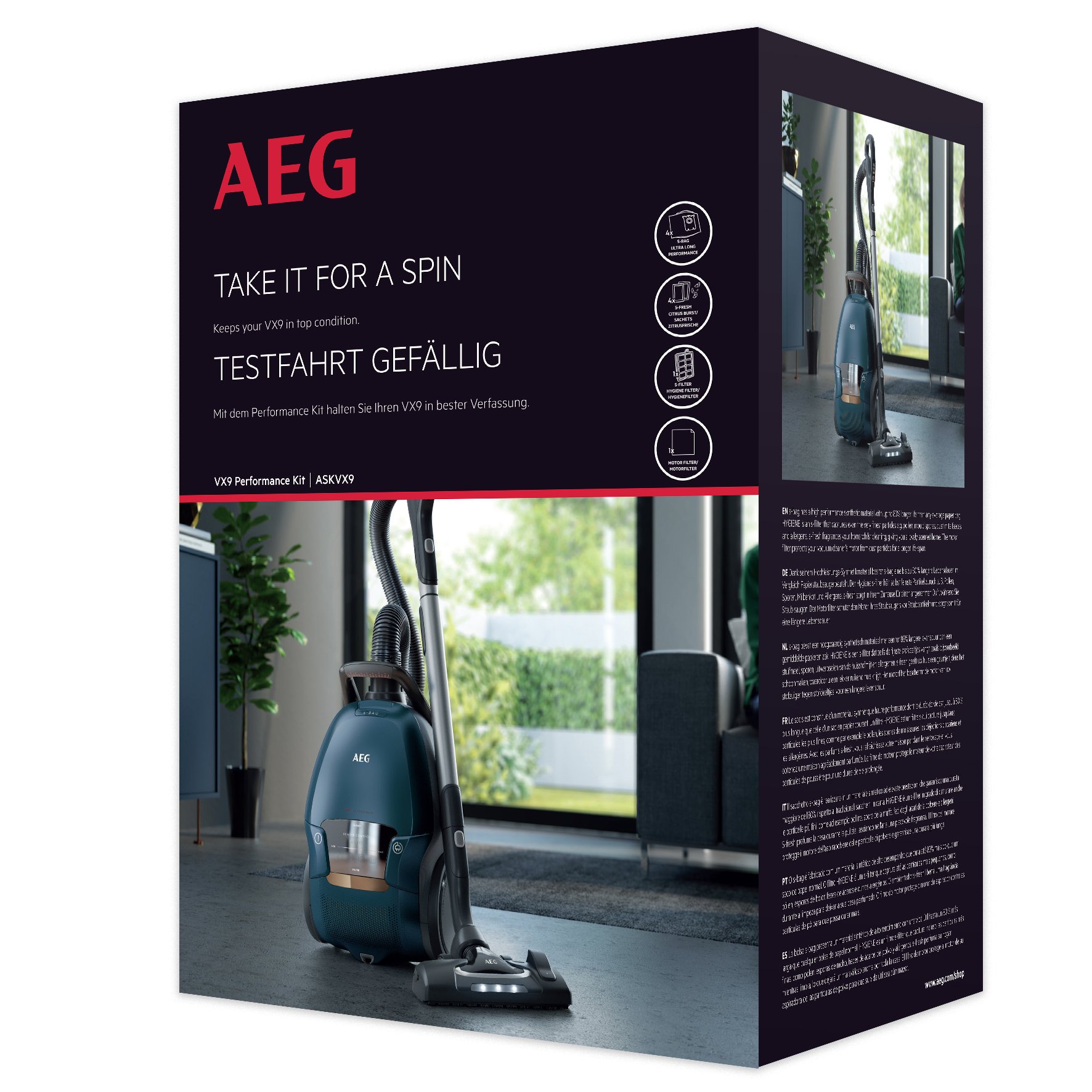 AEG ASKVX9 Performance Kit (bag and filter, 4 original s-bag XXL vacuum cleaner bags GR 210S (5 liters), 1 motor filter, 1 washable sanitary filter (D11), 4 bags of s-fresh fragrance particles, suitab