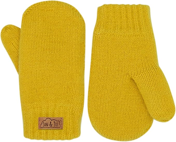 janjul羊毛内衬针织冬季帽适合幼儿儿童带耳罩toddlermittenmustardm