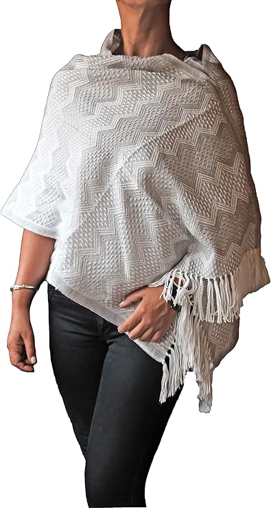 tinkuy peru * 羊驼秘鲁羊绒披肩披肩 ruana 灰色银色和象牙色流苏