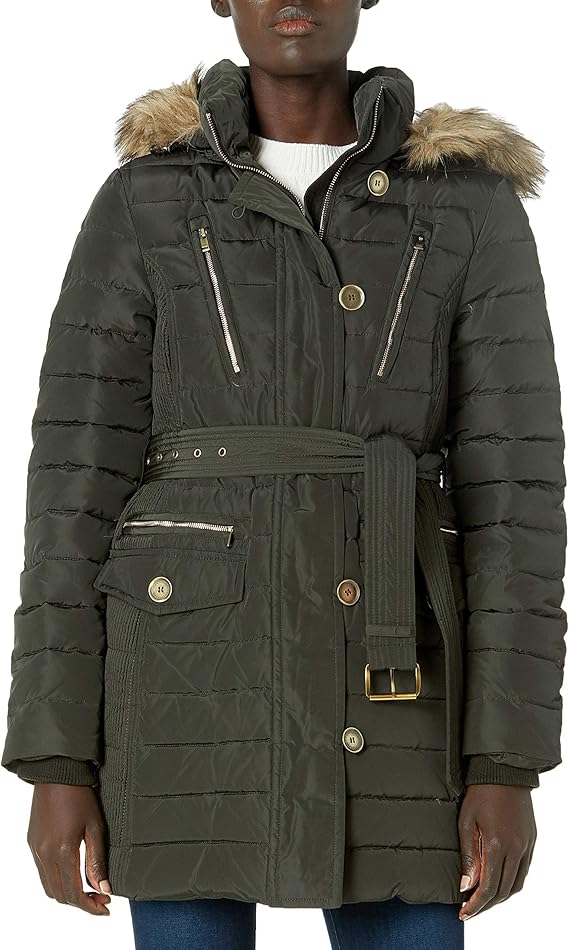 london fog 女士奢华带腰带羽绒服,带可拆卸帽子