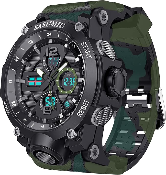 basumiu 男士运动手表防水模拟数字运动手表电子战术军表