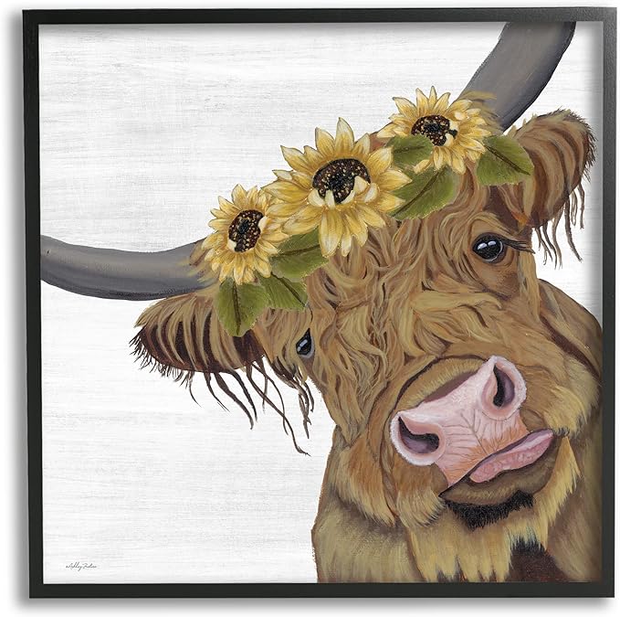 stupell industries 可爱高地牛向日葵皇冠装裱艺术微喷艺术,由
