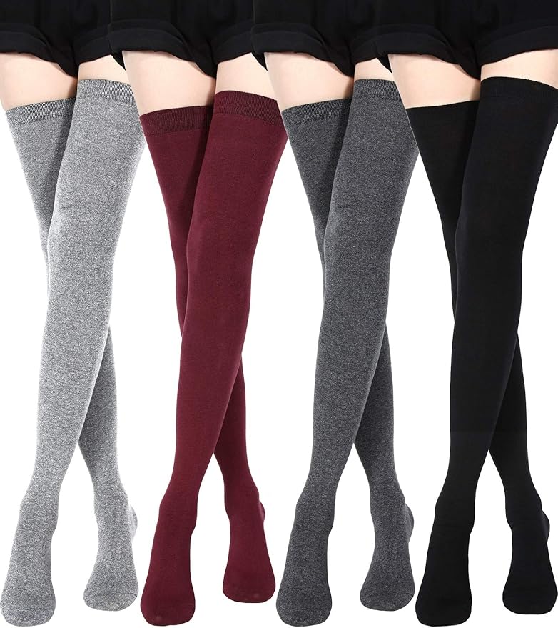 超长袜子大腿高筒棉袜超长靴袜 女式 black, dark grey, light grey