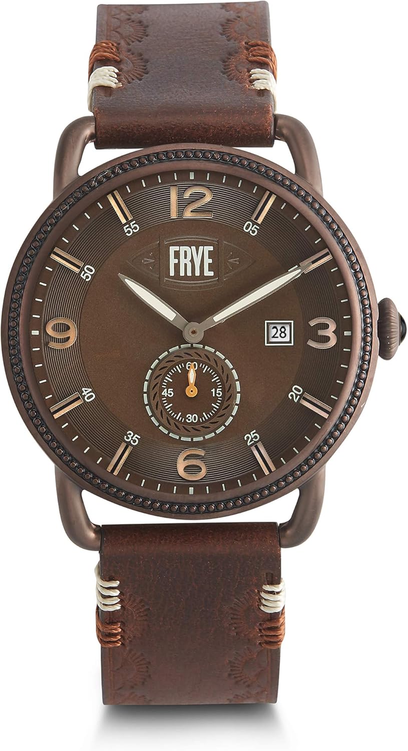 frye 男士 weston 不锈钢日本石英皮革表带 棕色 22 休闲手表 (型号