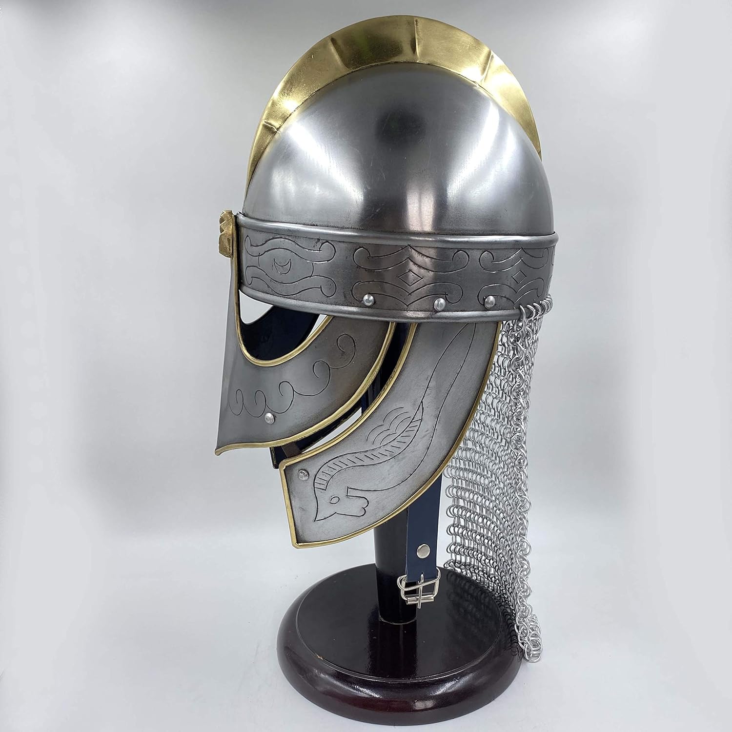 annafi手工制作维京狼盔甲头盔银色中世纪金属骑士头盔黄铜点缀和锁链