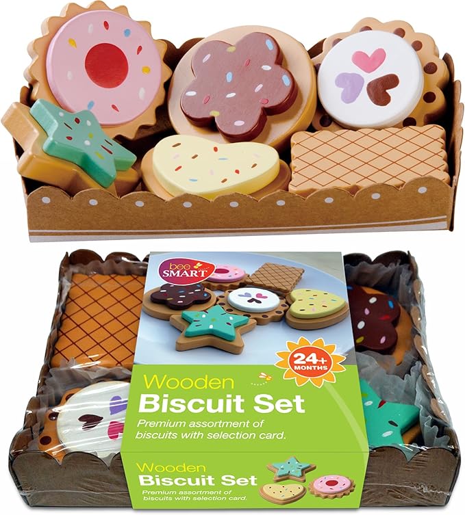 bee smart - 木制玩具饼干假装游戏食物,带卡和坚固的纸板服务托盘