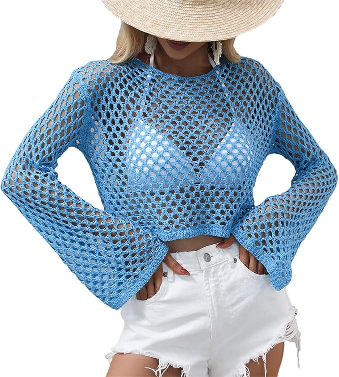 shiyifa 女式性感透视镂空露脐上衣圆领网眼钩针针织沙滩比基尼罩衫