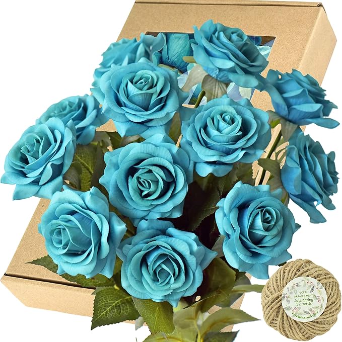餐桌家居装饰中心装饰品,婚礼新娘花束,真实触感玫瑰 12 根(青色)