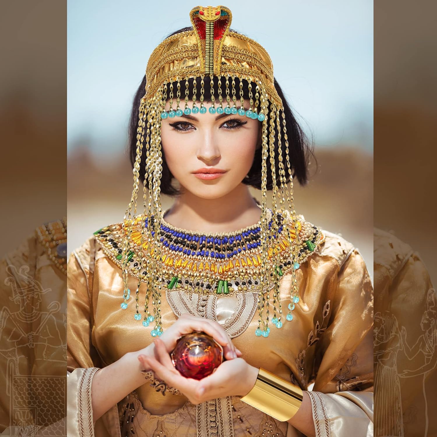 yunlly 5 件女式埃及头饰服装珠宝配饰短款黑色鲍勃假发流苏头链蛇形