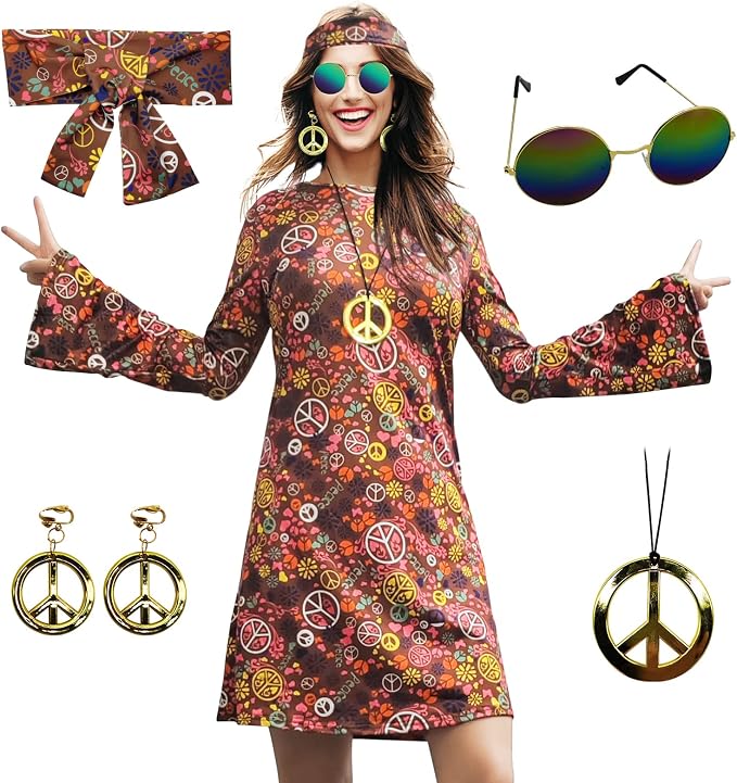 项链耳环太阳镜女式迪斯科服装,60 年代派对服装,万圣节复古连衣裙