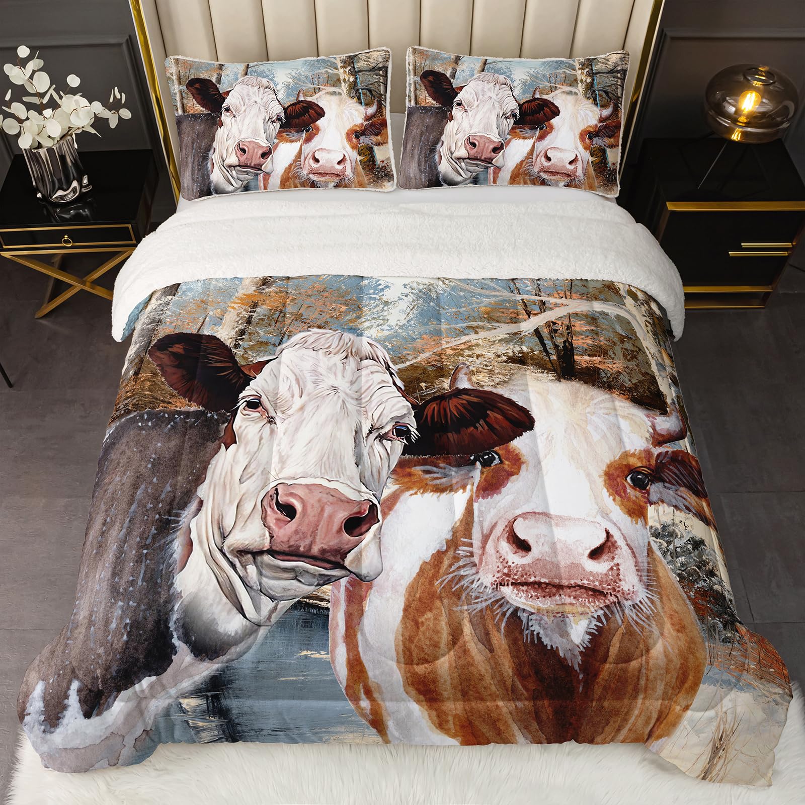 Axolotl Fun Cow Sherpa Quilt Set, Natural Country Patch Sherpa Quilt,3D Cow Fluffy Plush Plush Bedding Set, Cow Comfort 3 piece Winter Sherpa quilt set, soft for kids Boys Girls Adults, Queens