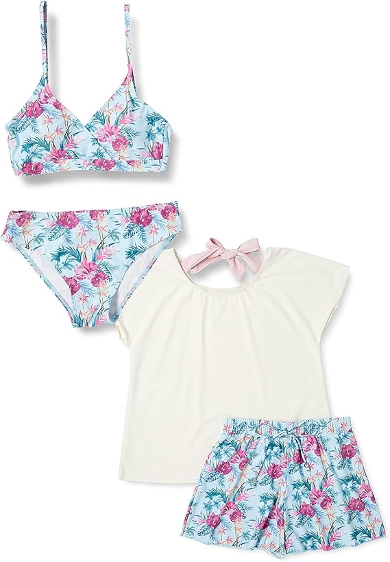 angelana 泳衣 女士 比基尼 外衣 短裤 上下4件套 无钢托 带胸垫 三角