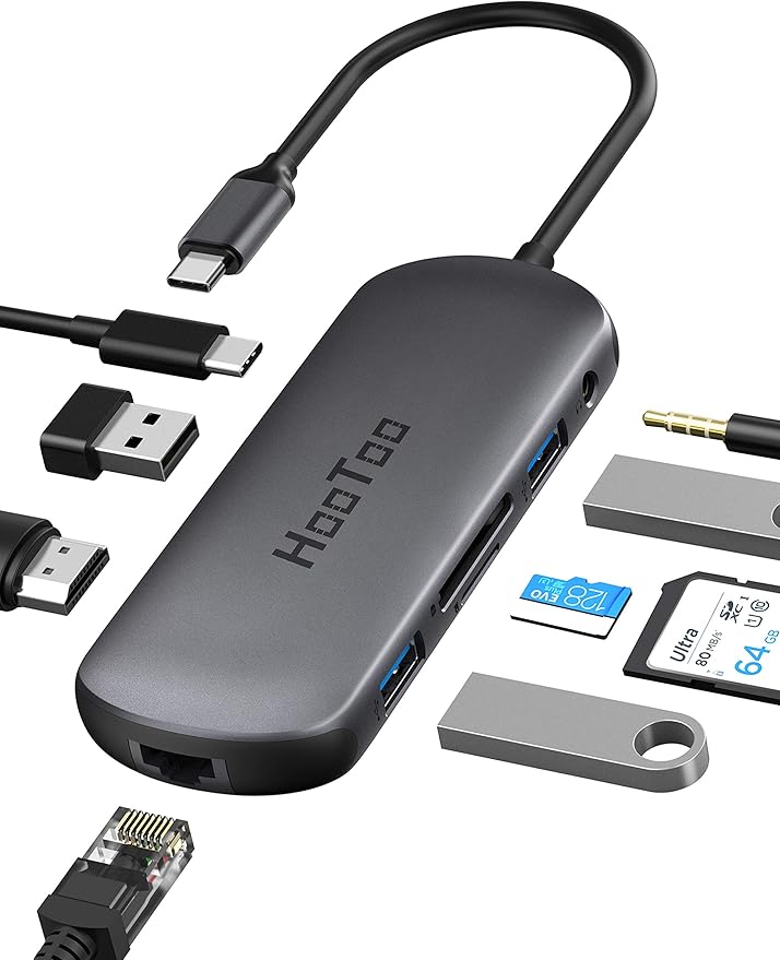 HooTooHooToo USB C 集线器,9 合 1 USB C 适配器,USB C 加密狗带 4K 转 HDMI 接口,100W PD