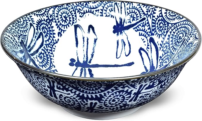 mino ware 日本宽口陶瓷碗,udon ramen 面条汤碗 蓝色/黑色 dragon