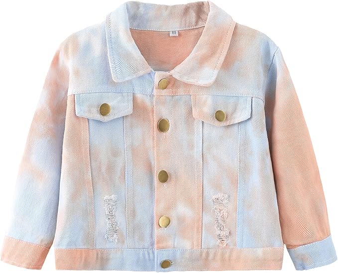 幼童男童女童牛仔夹克儿童扎染破洞牛仔外套纽扣外套