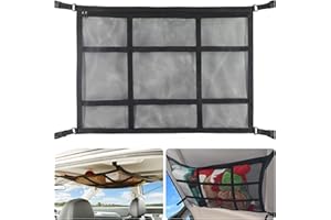 Qincos *汽车天花板货物网袋,31.5 英寸 x 21.6 英寸(约 80 厘米 x 54.9 厘米)加强负载轴承双层网眼车顶储物收纳袋,可调节露营 SUV 储物袋,用于帐篷推杆被子玩具杂物