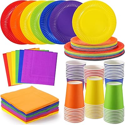 geosar 240 件一次性彩虹餐具彩色餐具套装 7 英寸 9 英寸派对纸盘