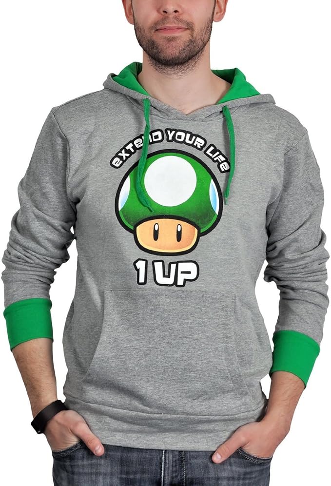 bioworld super mario - 1 up 蘑菇连帽衫 xs 灰色 xs : 亚马逊中国: 