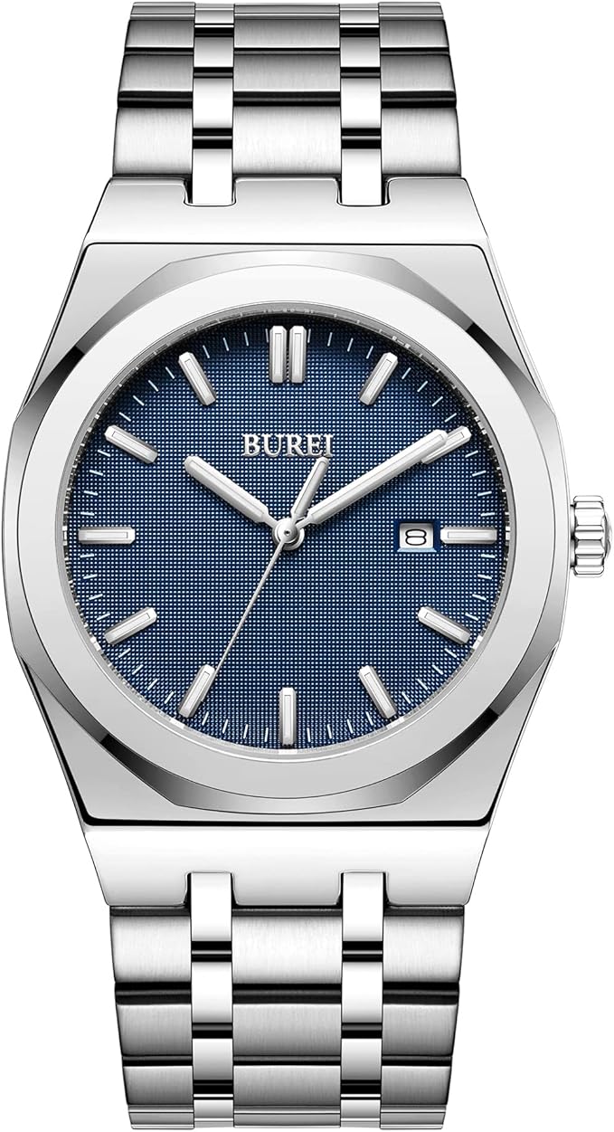 burei 男式手表不锈钢手表模拟石英防水手表带约会商务休闲时尚男士