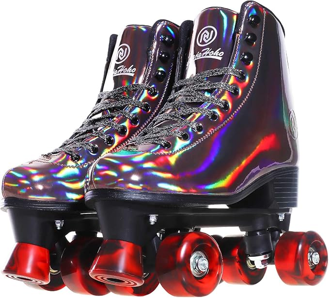 女士溜冰鞋,黑色全息高帮 pu 皮革溜冰鞋,闪亮双排四轮四轮溜冰鞋