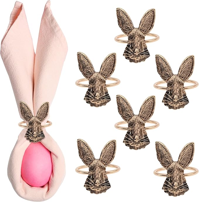 lahoni 6 件复活节兔子餐巾环,金属餐巾环支架手工兔耳餐巾扣桌面装饰
