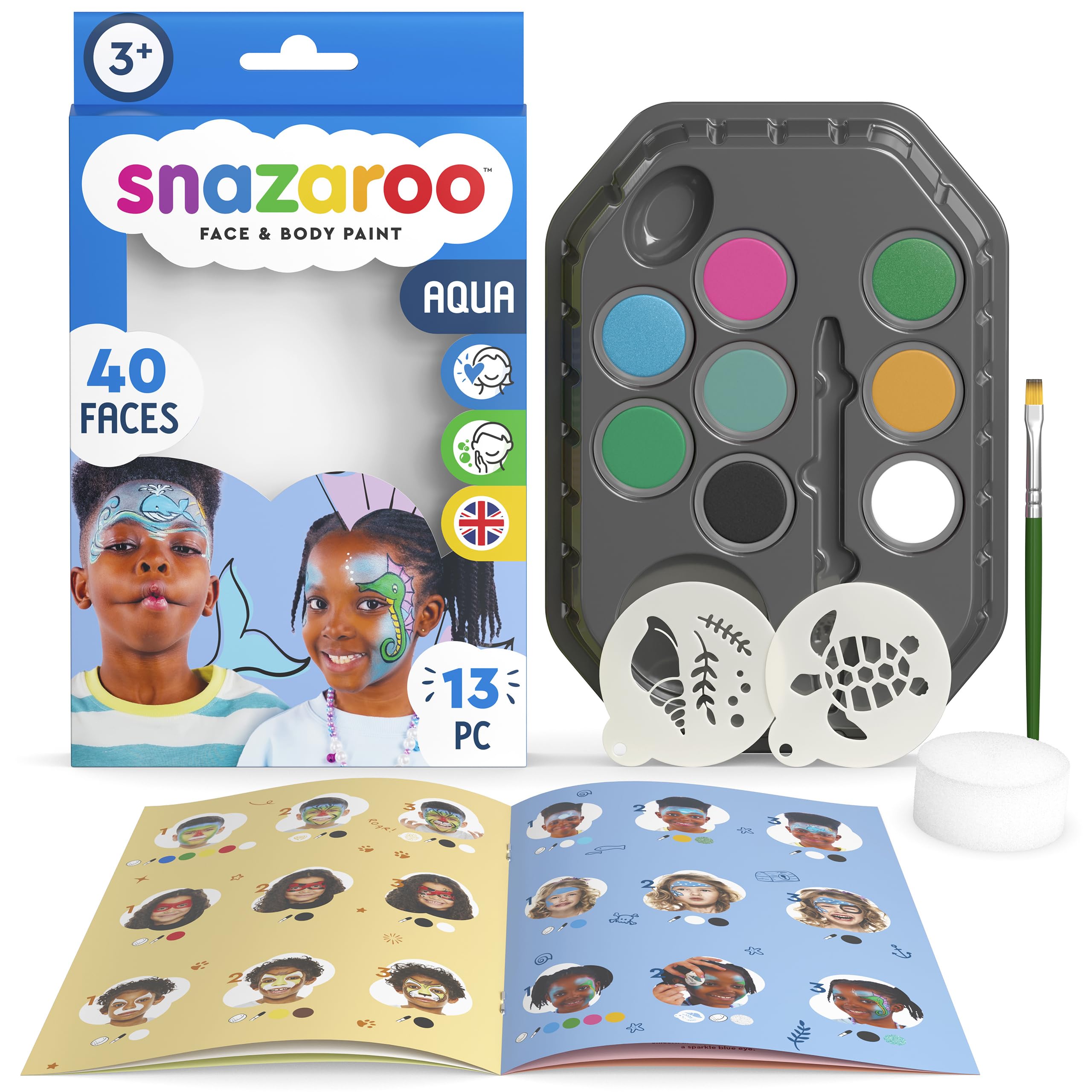 Snazaroo 1172191 Makeup Set "Water" Skincare Friendly Water Facial Makeup Pigments 7 Types of Makeup Pigments 1 Makeup Brush 1 Sponge 2 Templates and Step by Step Instructions (not necessarily support