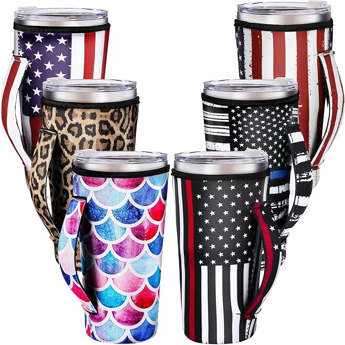 6 件可重复使用咖啡套绝缘杯套氯丁橡胶杯套绝缘套饮料套筒带手柄适用