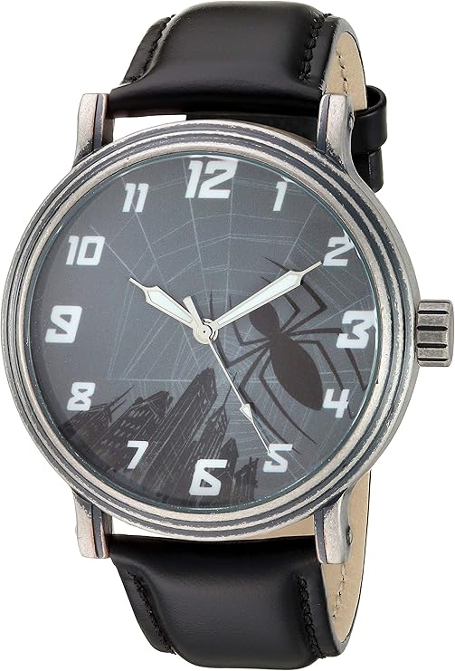 marvel 漫威男式蜘蛛侠模拟石英手表*皮革表带,黑色,22(型号:wma