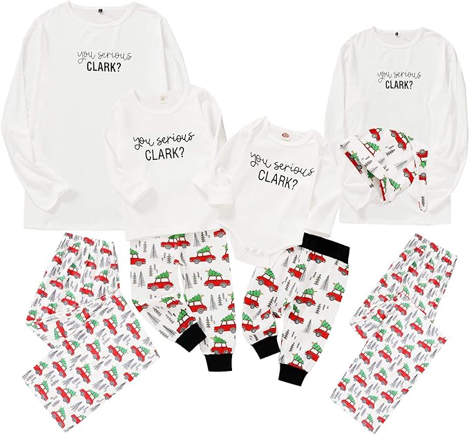 家庭圣诞睡衣套装白色上衣圣诞树和车裤2件套家居睡衣 【younger star