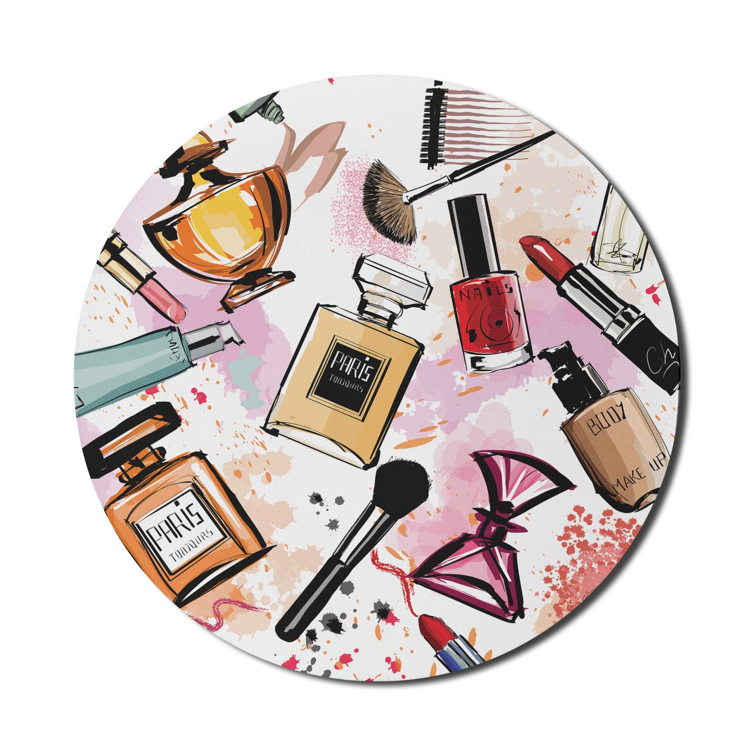 Ambesonne Fashion mousepad for computers, cosmetics and makeup themed Patterns Perfume Lipstick * Oil Brush Modern Round non-slip thick rubber Modern gaming mousepad,8 "round, coral white