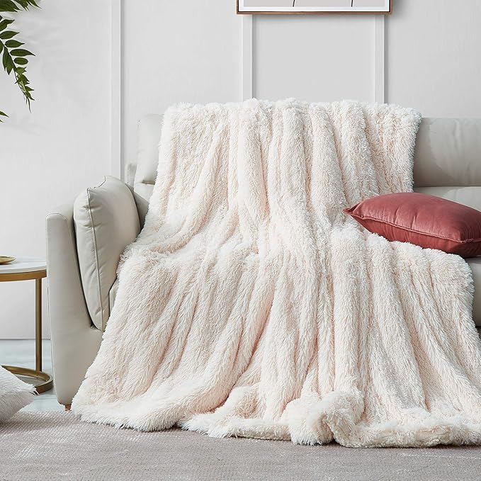 hansleep 长毛人造毛皮毯,超柔软毛绒毛毯,带双面保暖羊羔绒 - 沙发
