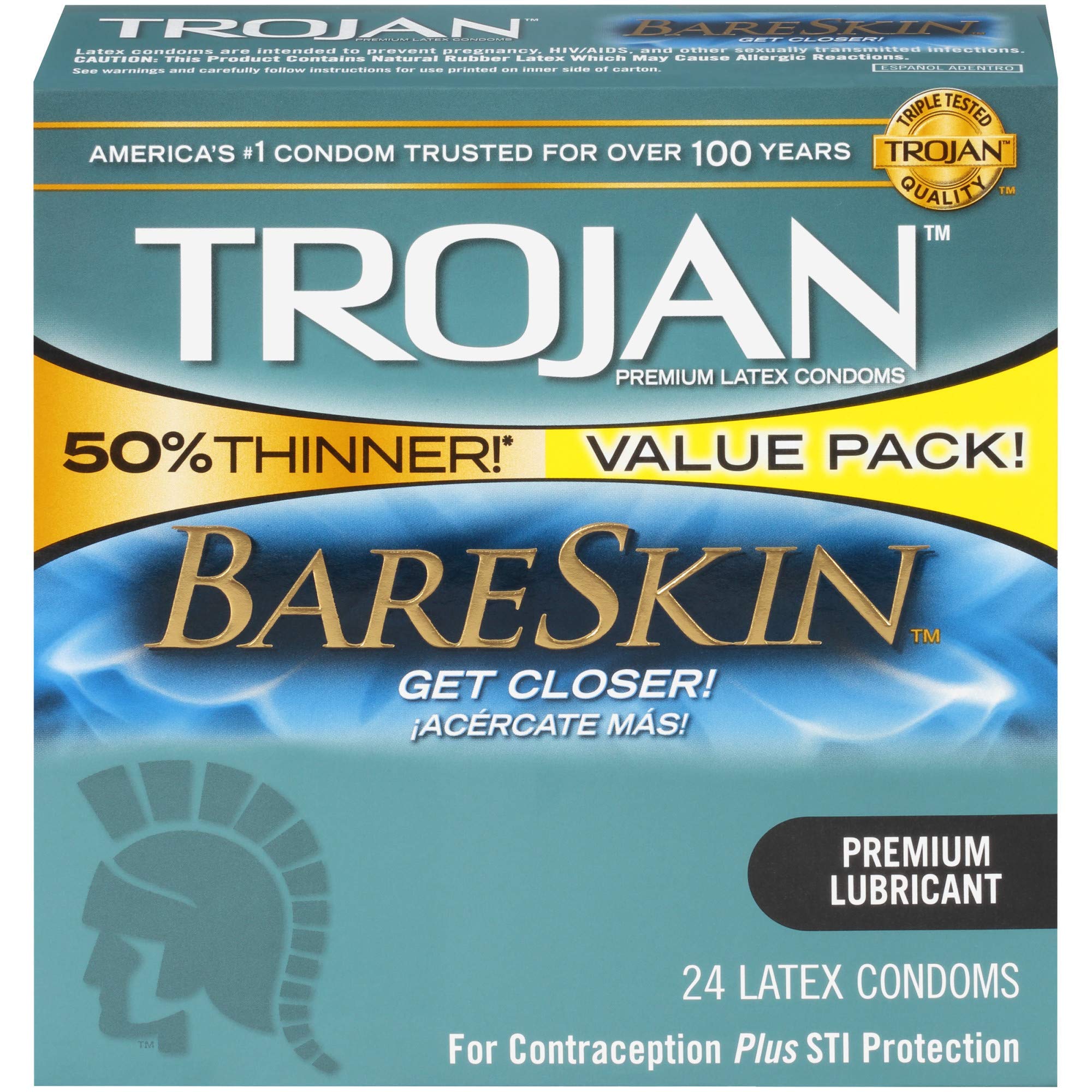 Trojan Bareskin condoms with high quality lubrication, 24 pieces
