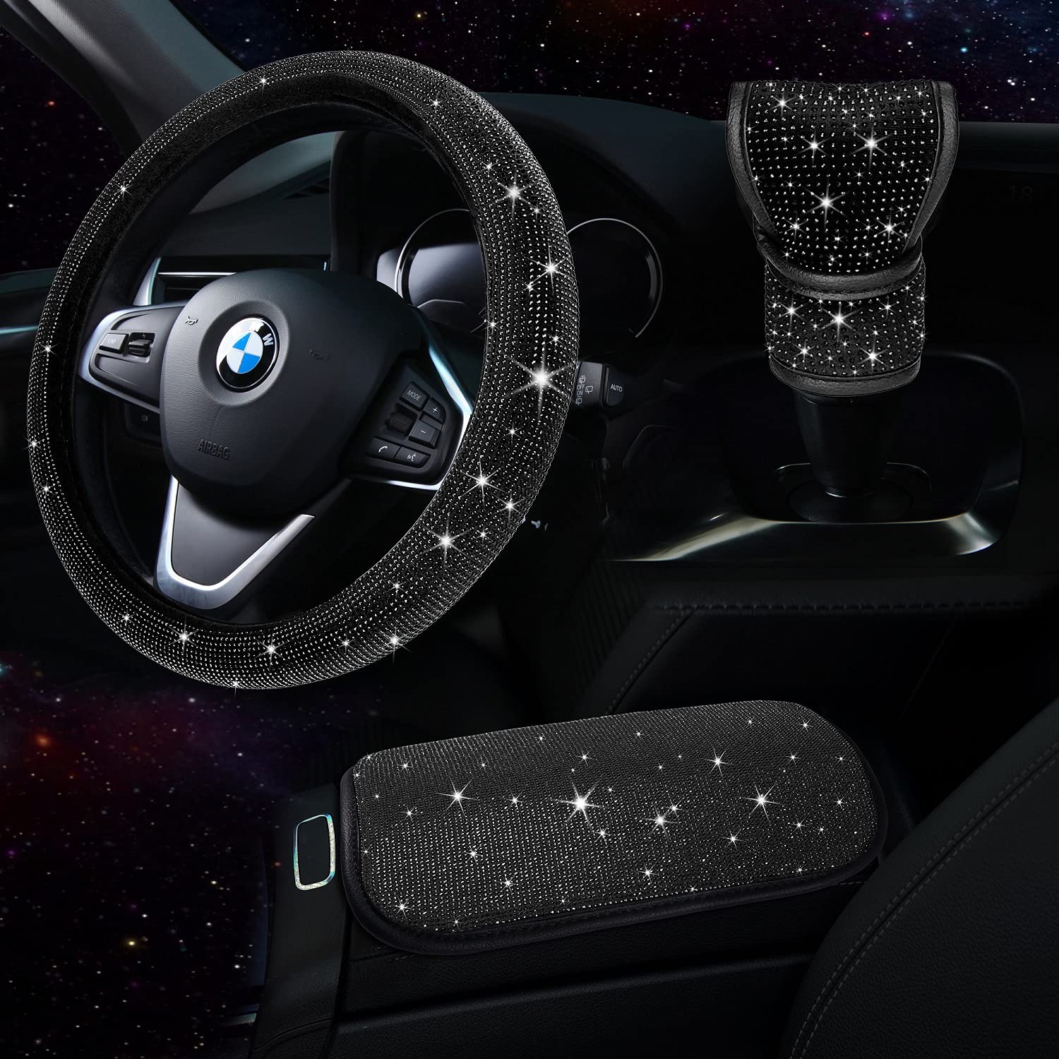 Tzarrot Black shiny car accessories Set, women's shiny steering wheel set 15 inches, rhinester center control set, shiny gear shift set, Crystal car trim set 3 pieces
