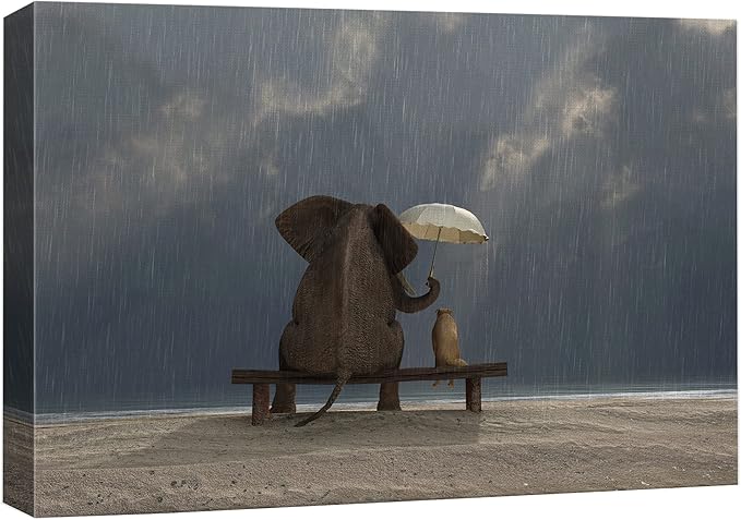wall26 - 帆布印刷墙艺术 - 大象和狗坐在雨下 | 现代墙饰/家居装饰