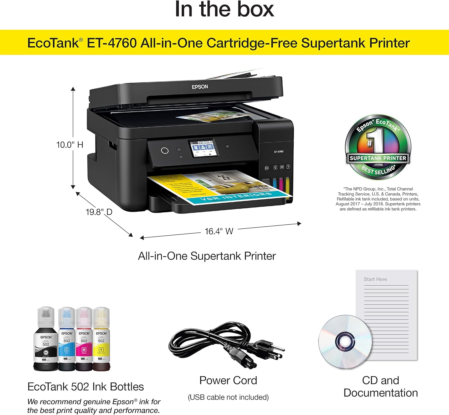 Epson 爱普生ecotank Et 4760 无线彩色一体无墨盒supertank 打印机 带扫描仪打印机常规黑色 亚马逊中国 小家电