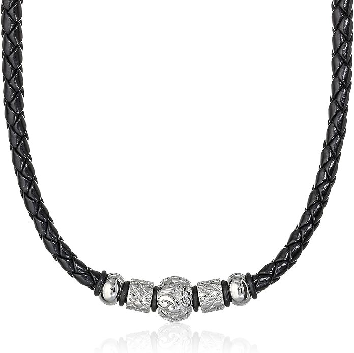 cold steel 男士不锈钢部落珠黑色皮革项链,50.8cm