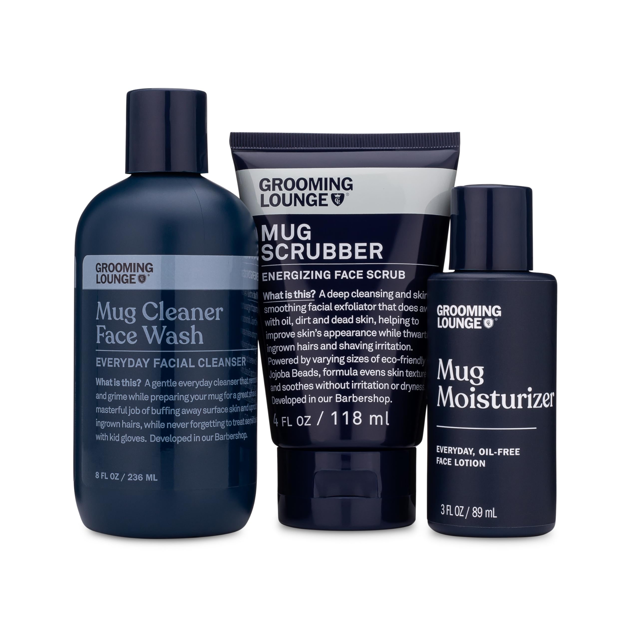 Grooming Lounge Mug Three Piece Skin Care Set - Daily Shampoo, Scrub, and Moisturizer Set